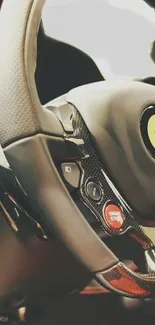 Close-up of luxury car steering wheel design.