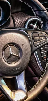 Luxury car steering wheel with elegant design.