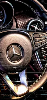 Closeup of luxury car steering wheel, showcasing premium design.