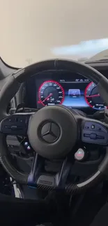 Luxury car steering wheel with dashboard display.