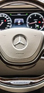 Luxurious beige car steering wheel and dashboard interior.