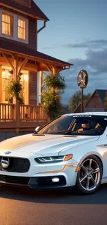 Luxury car parked on a charming street during the evening.