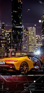 Luxury yellow car under city night lights.