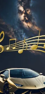 Luxury car beneath starry sky with golden musical notes.