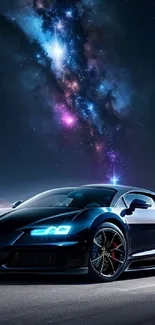 Luxury black sports car under a starry sky.