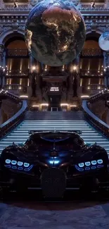 Luxury car beneath a cosmic display, featuring a grand staircase in a celestial scene.