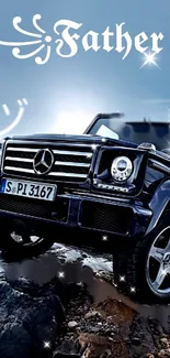 Luxurious black car with twinkling lights at night on a rocky background.