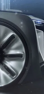 Close-up of a luxury car wheel with elegant design features.