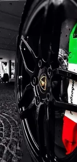 Luxury car wheel with Italian flag accent on a stylish background.