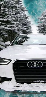 Luxury car in snowy forest with turquoise sky.