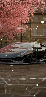 Black luxury car under cherry blossoms.