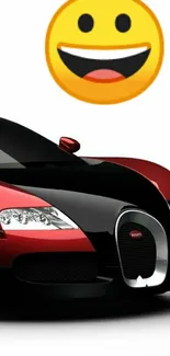 Sleek red and black luxury car with a smiling emoji on white background.