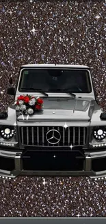 Luxury car with a glittery background and floral arrangement