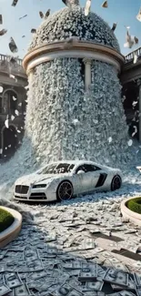 Luxury car amidst cascading money fountain scene.