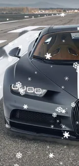 Luxury car with snowflakes on a runway background.