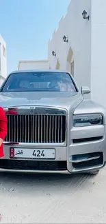 Young boy stands beside a luxury silver car in daylight.