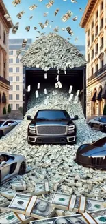 Luxury cars surrounded by cash.