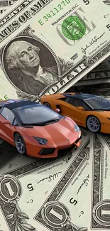 Luxury sports cars on dollar bills background wallpaper.