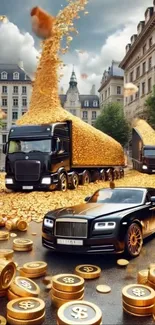 Luxury car with gold coins in urban city street.