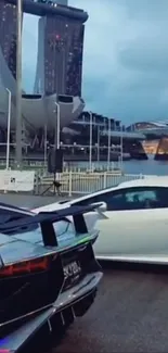 Luxury cars with futuristic cityscape background at dusk.