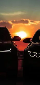 Two luxury cars in silhouette at sunset, elegant design.