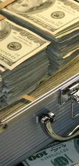 Stacks of 100-dollar bills in a suitcase, symbolizing wealth.