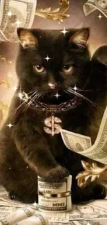 Black cat with money and gold accents in luxury wallpaper design.