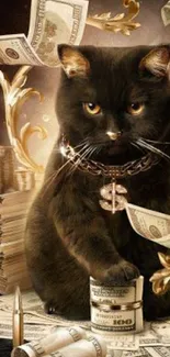 Black cat surrounded by money, exuding luxury.