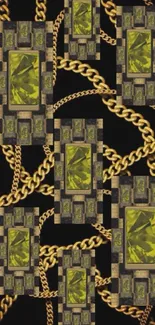 Luxury wallpaper featuring gold chains and gemstones on a dark background.