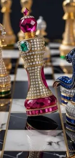 Luxury chess set with jewel-encrusted pieces on a marble board.