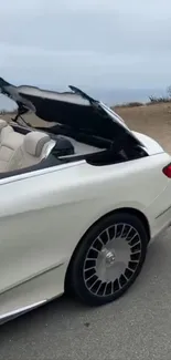 Luxury beige convertible car by the beach road.