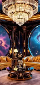 Luxury living room with cosmic galaxy views and opulent decor.