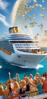 Luxury cruise ship with partygoers celebrating.