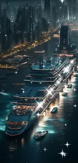 Luxury cruise ship sailing through city harbor at night with glowing lights.