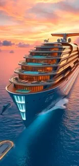 Luxurious cruise ship sailing at sunset on calm ocean waters.