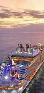 Luxury cruise ship sails under a stunning sunset on open ocean.