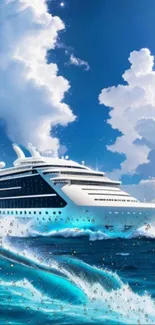 Cruise ship sails through bright blue ocean under cloudy sky.