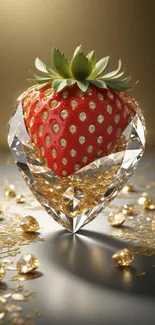 3D strawberry with crystal and gold details on elegant wallpaper.