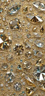 Gold diamond pattern wallpaper with shimmering stones.