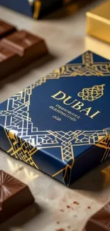 Luxury Dubai chocolate packaging with blue and gold design.