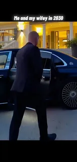 Person arriving at luxury hotel beside sleek car.