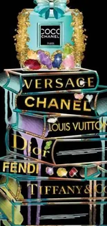 Fashion books stacked with luxury brand names.