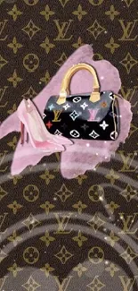 Luxury wallpaper with handbag and heels on designer pattern.