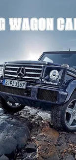 Luxury G Wagon car on rocky terrain with dramatic sky.