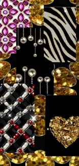 Abstract design with gemstones and pearls on black background.