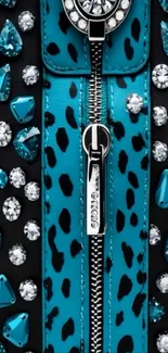 Studded turquoise design with gems and zip on mobile wallpaper.