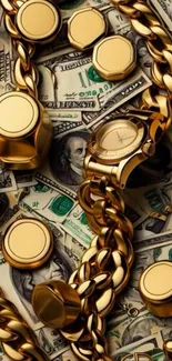 Luxurious gold chains with dollar bills.