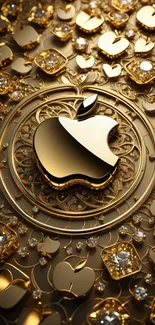 Luxurious gold Apple-themed mobile wallpaper with intricate design elements.