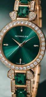 Elegant green and gold watch with gemstones on display