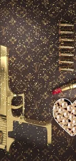 Luxury wallpaper with gold gun, pearls, and lipstick on a dark pattern.